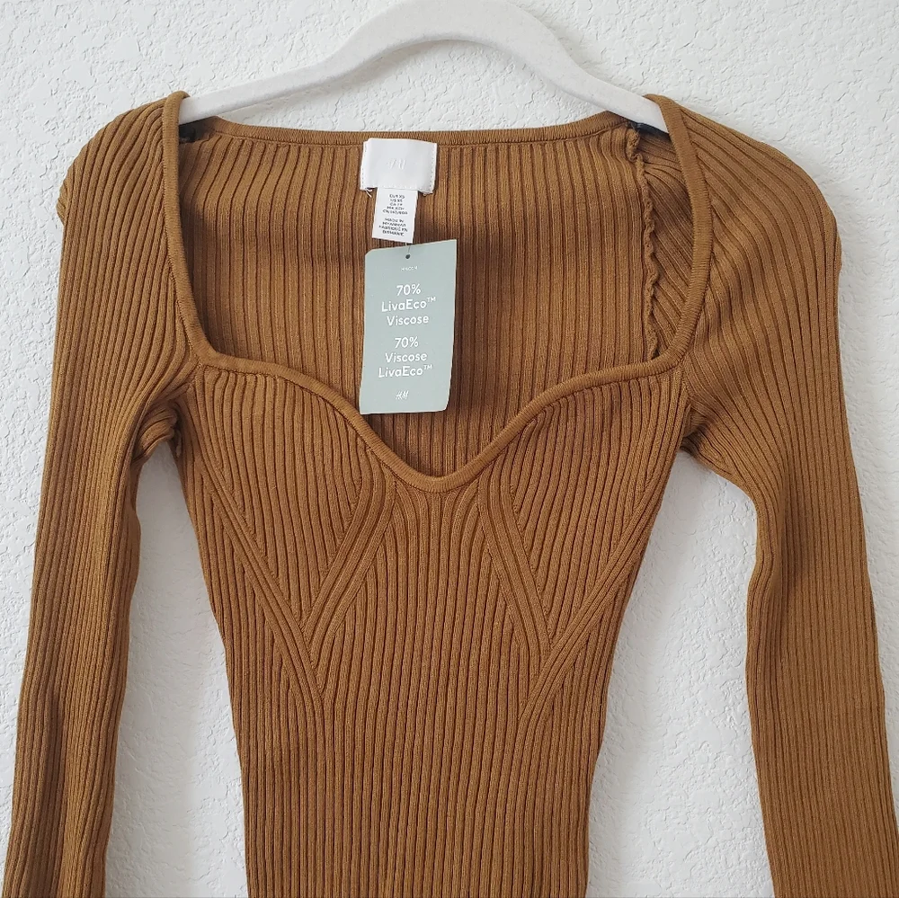 H&M Olive Green Ribbed Sweetheart Neckline Top Sweater XS NWT